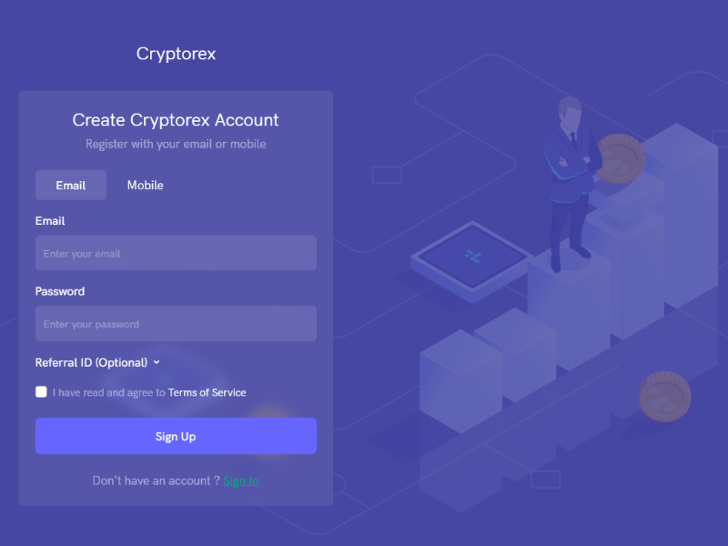 Cryptorex vertical sign-up